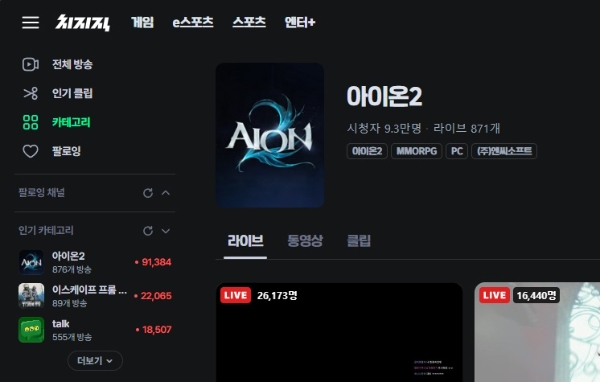 11월 19일 오전 0시 10분 경 네이버 '치지직' 플랫폼 메인 화면. 아이온2 태그 방송의 동시 시청자 수가 9만 명을 넘겼다. 사진=치지직 공식 사이트 캡처