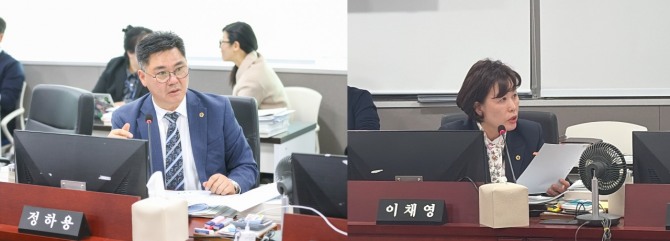지난 21일 경기도의회 경제노동위원회 소속 정하용 의원과 이채영 의원이 제387회 정례회 경제노동위원회 경제실 소관 2026년도 본예산안 심사에서 경제실 주요 사업의 구조적 문제를 일제히 지적하고 있다. 사진=경기도의회