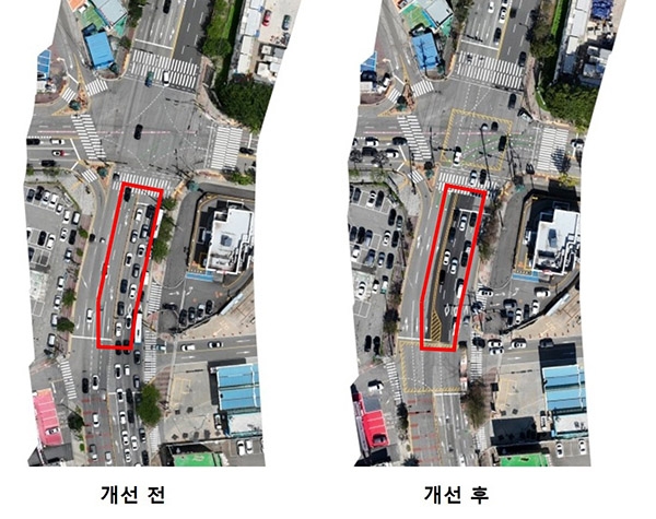 일산가구단지사거리 직좌동시차로 → 좌회전 전용차선 개선 전후. 사진=고양시
