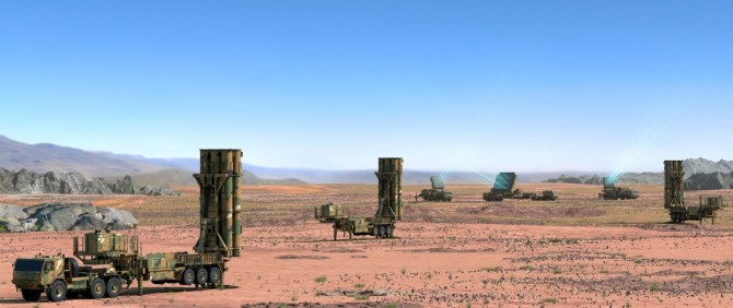 L-SAM 발사대와 다기능 레이다가 배치된 모습. 사진=한화에어로스페이스