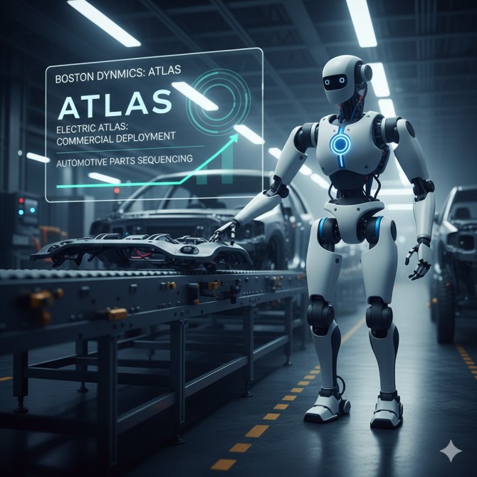 현대자동차의 보스턴 다이내믹스(Boston Dynamics)는 인간형 로봇 '아틀라스(Atlas)를 자동차 조립 라인에 투입하는 것을 모색하고 있다. 사진=구글 AI 제미나이 생성