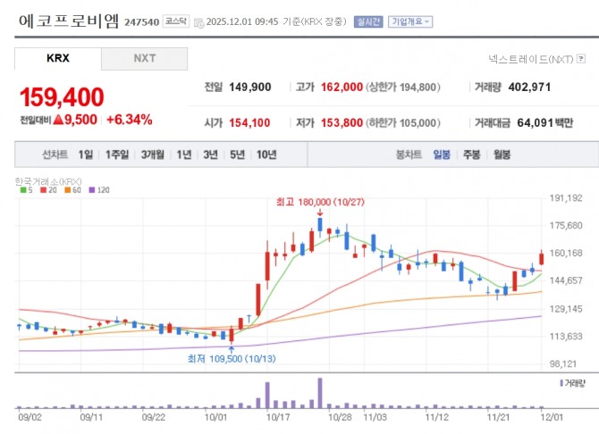 에코프로비엠 주가 추이. 자료=네이버페이 증권