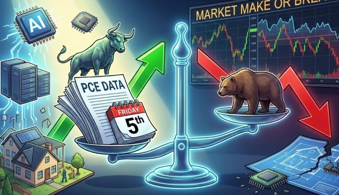 미국 주식시장이 뚜렷한 방향성을 찾지 못한 채 횡보하는 가운데, 오는 5일 발표되는 개인소비지출(PCE) 가격지수가 연방준비제도(Fed)의 12월 금리 인하 여부를 결정짓는 핵심 변수가 될 것이라는 주장이 나왔다. 이미지=제미나이3 제공