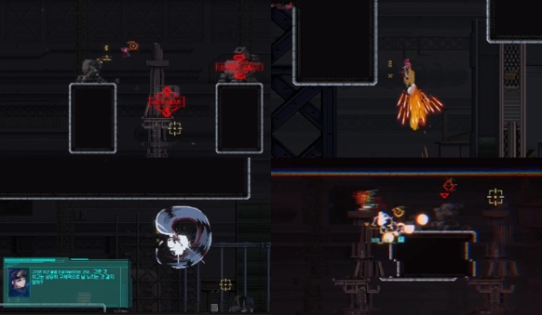 왼쪽 위부터 적 몬스터가 등장하는 연출, '산탄 총'을 쏴서 반동을 받아 점프하는 모습, 적이 발사한 투사체에 피격당하는 모습, 대화 스크립트와 더불어 공중 공격을 하는 장면. 사진=산나비: 귀신 씌인 날 인게임 화면 캡처