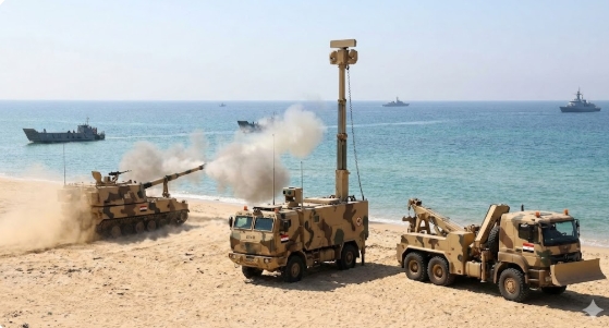 한화에어로스페이스가 해안 방어용 사격지휘차량 ‘K11-N’과 전용 구난차량 ‘K12’를 공개했다. 이미지=제미나이3