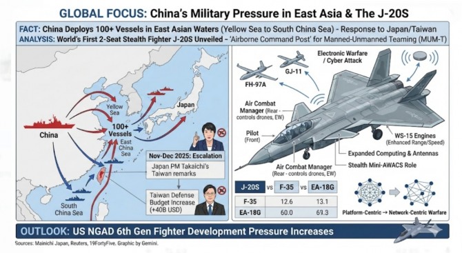 중국이 동아시아 해역에 100여 척의 함정을 동시다발적으로 전개해 군사적 긴장감을 높이는 가운데, 세계 최초의 2인승 스텔스 전투기인 ‘J-20S’를 공개하며 질적·양적 군사 팽창을 가속화하고 있다. 이미지=제미나이3 제공