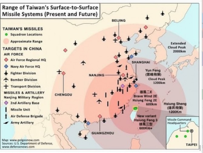 대만 지대지미사일 사거리. 사진=디펜스뉴스/미국 국방부