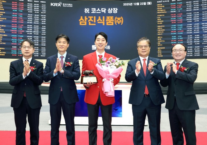 삼진식품의 박용준 대표가 22일 코스닥상장 기념패를 받받은 후 한국거래소 관계자들과 포즈를 취하고 있다. 사진=한국거래소