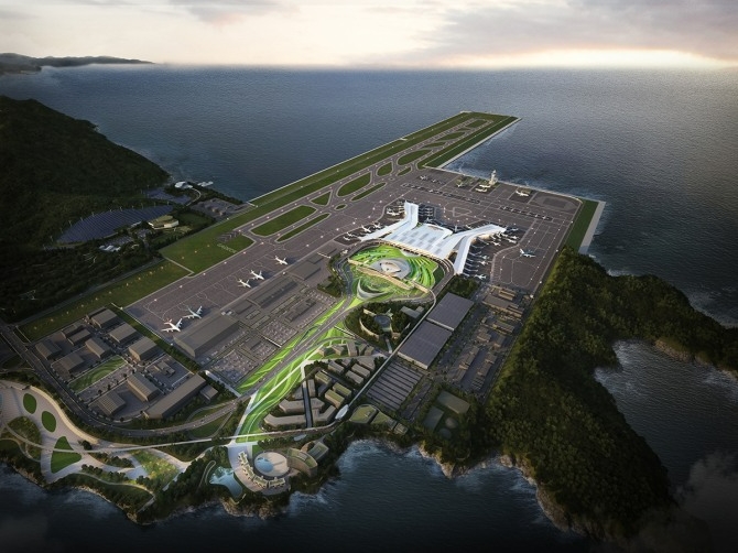 가덕도신공항건설공단은 지난 29일 조달청을 통해 가덕도 신공항 부지조성공사 입찰공고를 냈다. 공사기간은 당초 84개월에서 106개월, 공사금액은 10조5000억원에서 10조7000억원으로 늘었다. 가덕도 신공항 조감도. 사진=가덕도신공항건설공단