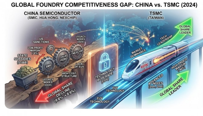중국 정부가 ‘반도체 굴기’를 외치며 지난 수년간 1150억 달러(약 166조 원)가 넘는 천문학적인 자금을 쏟아부었지만, 글로벌 시장 점유율은 오히려 뒷걸음질 친 것으로 나타났다. 이미지=제미나이3