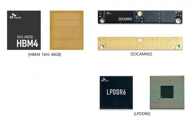 (왼쪽부터 시계 방향으로) △HBM4 16Hi 48GB △SOCAMM2 △LPDDR6. 사진=SK하이닉스