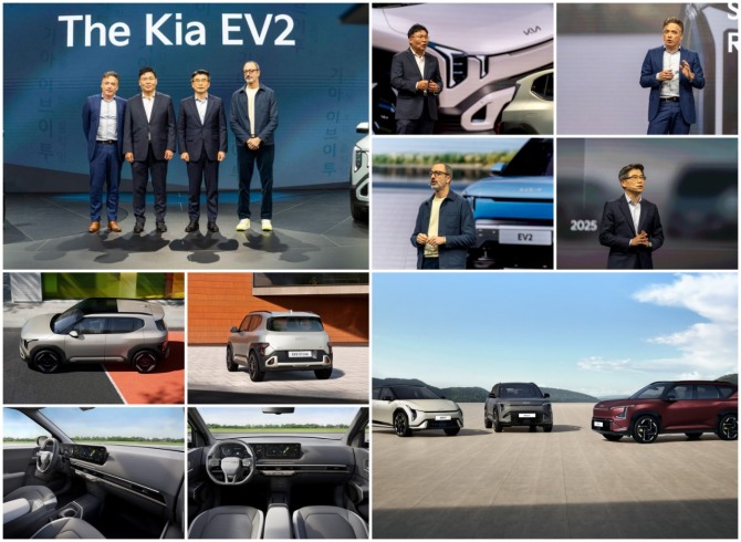 (좌측상단, 왼쪽부터) 기아 유럽 COO 수드니핑(Sjoerd Knipping), 기아 유럽권역본부장 장수항 전무, 기아 송호성 사장, 기아글로벌디자인담당 카림 하비브(Karim Habib) 부사장이 '2026 브뤼셀 모터쇼' 언론 공개 행사에서 기념사진을 촬영하고 있다. 사진=기아