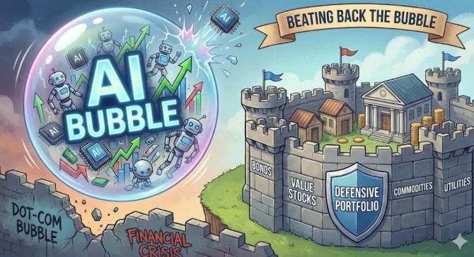 인공지능(AI) 관련주 쏠림 현상이 심화하면서 시장 전반에 '거품(버블)' 경고등이 켜졌다. 월가 전문가들은 투자자 자산을 보호하려면 채권과 가치주, 원자재 등으로 포트폴리오를 다각화해야 한다고 입을 모은다. 이미지=제미나이3