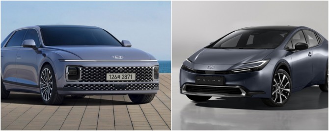 현대 그랜저 하이브리드(왼쪽), 토요타 프리우스 사진=각사