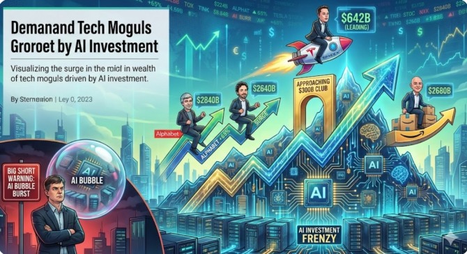 인공지능(AI) 투자 열풍이 거대 기술기업 창업자들의 개인 자산을 사상 최고 수준으로 끌어올리고 있다. 이미지=제미나이3