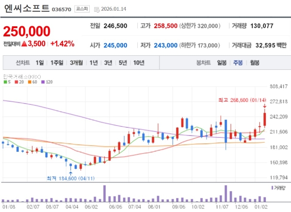 엔씨소프트의 2025년 1월부터 최근까지 지난 1년 동안 주가 추이를 나타낸 차트. 사진=네이버증권 