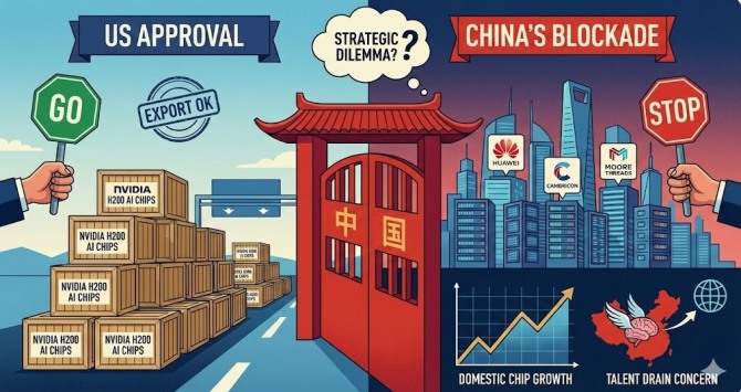 미국 정부가 엔비디아의 최신 인공지능(AI) 가속기 'H200'의 중국 수출을 허용했으나, 정작 중국 정부가 반입을 막아서는 이변이 일어났다. 이미지=제미나이3