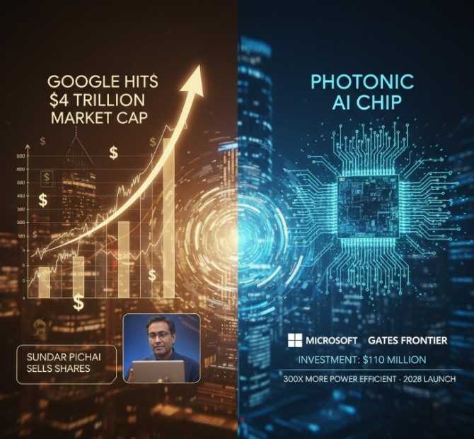 인공지능(AI) 열풍을 등에 업은 구글 모기업 알파벳이 시가총액 4조 달러를 돌파하며 전 세계 빅테크 지형을 재편하는 가운데, 미래 AI 인프라의 주도권을 쥐기 위한 차세대 반도체 전쟁이 진행되고 있다. 이미지=제미나이3