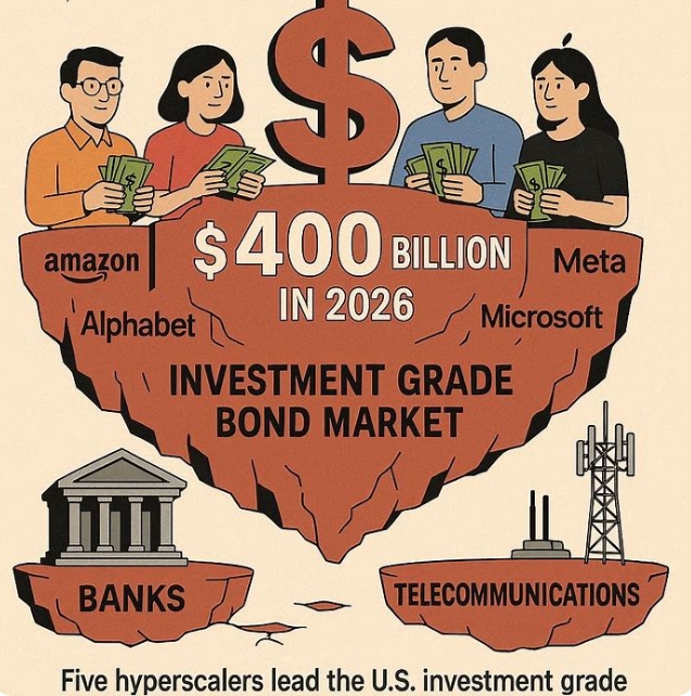 미국 빅테크 기업들이 인공지능(AI) 인프라 구축을 위해 천문학적 자금을 조달하면서, 세계에서 가장 안전한 자산으로 꼽히는 미국 투자등급 회사채 시장이 ‘AI 리스크’에 노출됐다. 이미지=빙 이미지 크리에이터