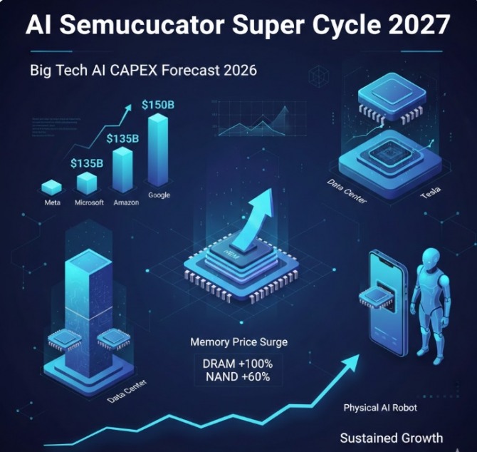 글로벌 빅테크 기업들이 올해 투자 규모를 전년 대비 두 배 가까이 늘리면서 삼성전자와 SK하이닉스를 필두로 한 한국 반도체 산업이 2027년까지 이어지는 유례없는 ‘슈퍼 사이클’에 올라탔다. 이미지=제미나이3