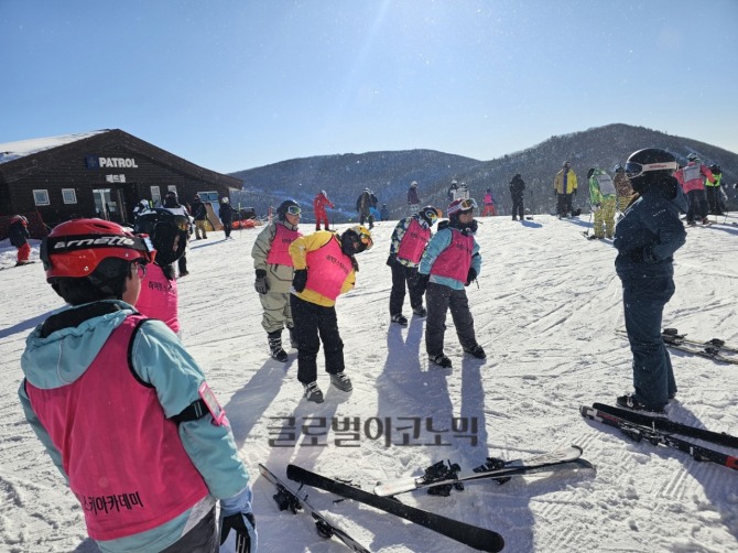 울릉군 초등학생들이 정선 하이원에서 겨울 스포츠 스키켐프에 참여하고있다. 사진=울릉군