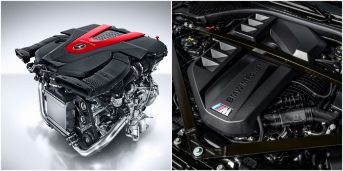 메르세데스-AMG 엔진(왼쪽), BMW M 파워 엔진 사진=각사