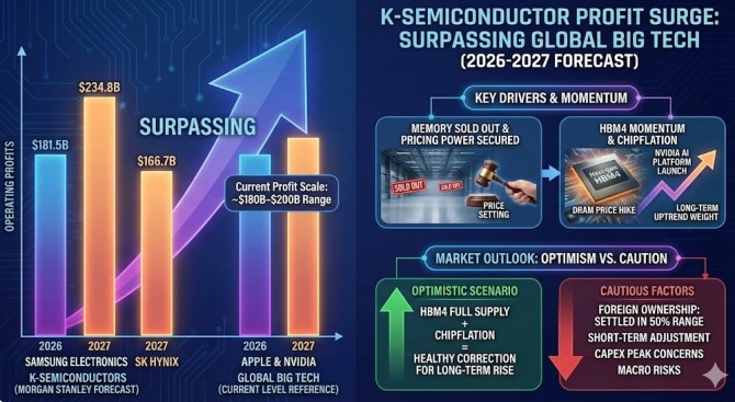 인공지능(AI) 반도체 수요 폭발과 메모리 공급 부족 탓에 국내 반도체 기업들의 이익 규모가 글로벌 빅테크 기업을 앞지를 것이라는 분석이 나왔다. 이미지=제미나이3