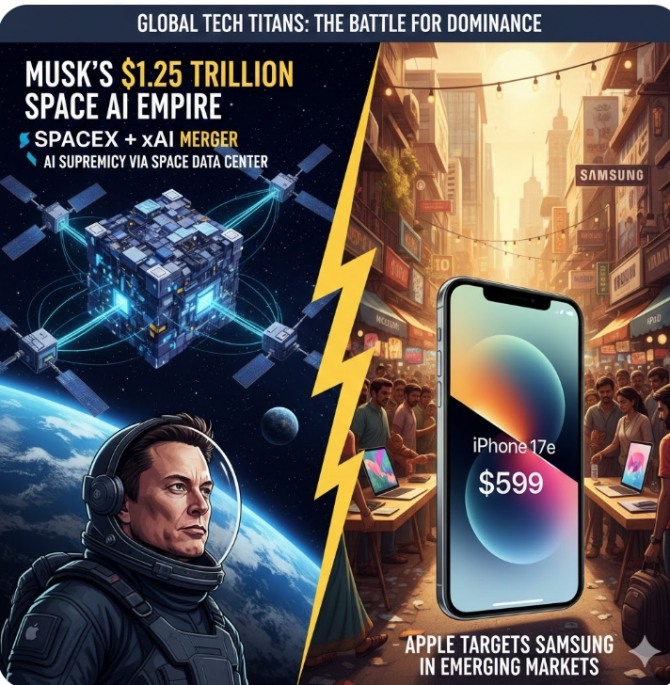 일론 머스크 스페이스X 최고경영자(CEO)가 우주 탐사 기업 스페이스X와 인공지능(AI) 기업 xAI의 합병을 확정하며 '우주 기반 AI 데이터 센터'라는 파격적인 청사진을 제시한 가운데, 애플은 599달러 수준의 아이폰 17e와 저가형 맥북을 앞세워 삼성전자가 주도해 온 보급형 시장에 대한 전면전을 선언했다. 이미지=제미나이3