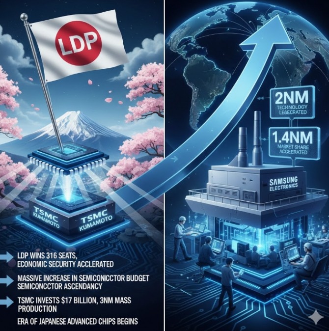 일본 집권 자민당이 중의원 선거에서 압도적인 승리를 거두며 다카이치 사나에(高市早苗) 총리의 '경제 안보' 중심 반도체 전략이 강력한 추진력을 얻게 됐다. 이미지=제미나이3