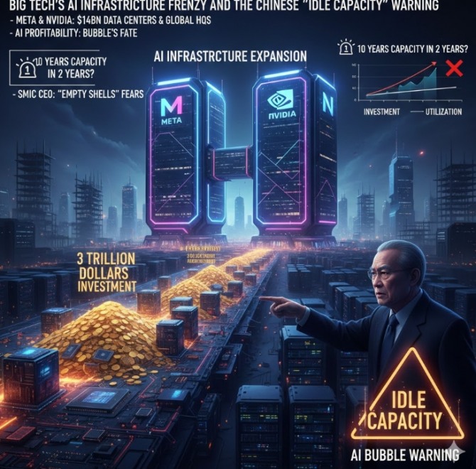 메타와 엔비디아가 각각 미국과 대만에서 수조 원대 인프라 프로젝트를 가동한 가운데, 중국 최대 반도체 기업 SMIC의 수장이 수요에 대한 충분한 고려 없는 과잉 건설이라며 강력한 경고를 보냈다. 이미지=제미나이3