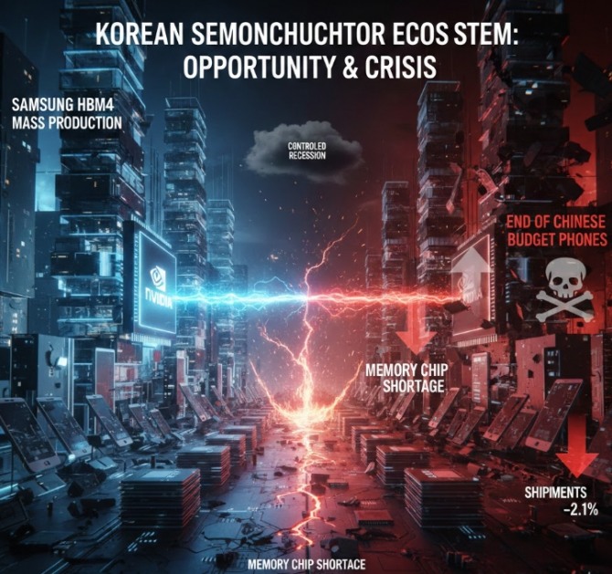 삼성전자가 차세대 인공지능(AI) 메모리인 HBM4 양산에 먼저 성공하며 시장 주도권 탈환에 나선 가운데, 정작 소비자 시장에서는 메모리 칩을 구하지 못한 저가형 스마트폰이 사라질 위기에 처했다. 이미지=제미나이3