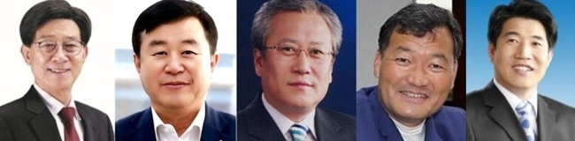 (왼쪽부터) 정종복 기장군수, 이승우 부산시의원, 김수근 전 부산시의원, 오규석 전 군수, 김쌍우 전 부산시의원. 사진=네이버 인물 갈무리