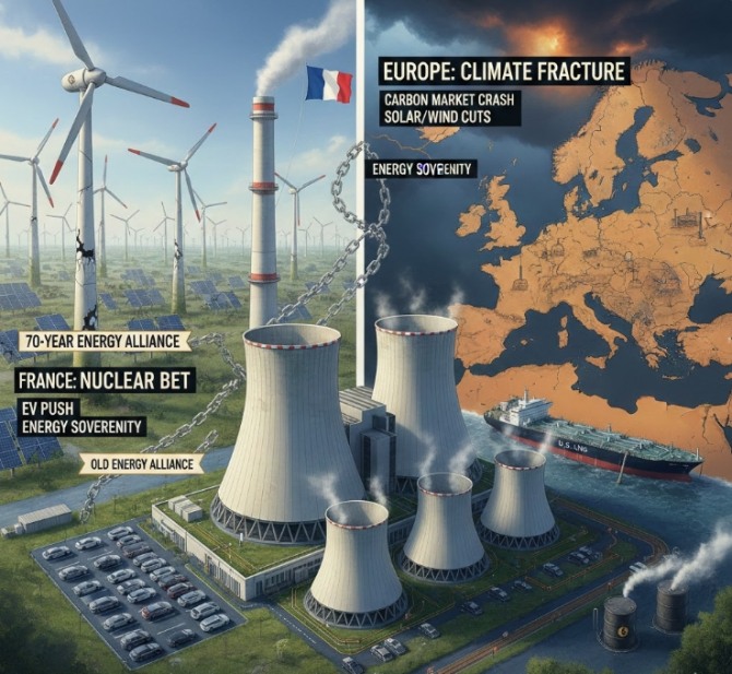 프랑스 정부가 2035년까지 화석연료 의존도를 현재의 절반 수준인 30%로 낮추기 위해 신규 원전 6기 건설을 법제화하고 전기차 보급을 대폭 늘리는 파격적인 에너지 전략을 확정했다. 이미지=제미나이3