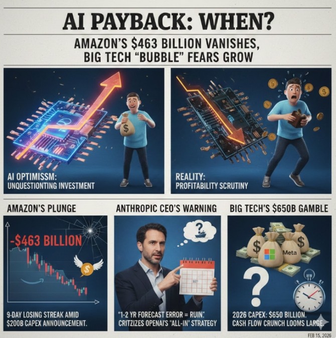최근 아마존을 포함한 빅테크 기업 주가가 기록적인 하락세를 보이면서 AI 투자가 기업 재무 건전성을 해치는 독이 될 수 있다는 공포가 확산하고 있다. 이미지=제미나이3