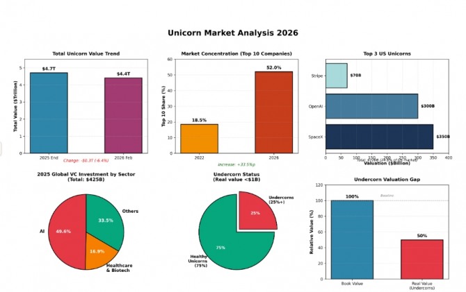 도표 구성(글롭벌이코노믹)1. 전체 가치 추이 (좌측 상단)2025년 말 $4.7조 → 2026년 2월 $4.4조 2. 시장 집중도 변화 (중앙 상단)상위 10개 기업 비중: 2022년 18.5% → 2026년 52.0%3. 미국 상위 3대 유니콘 (우측 상단)스페이스X $350B, 오픈AI $300B, 스트라이프 $70B4. 2025년 VC 투자 분야별 비중 (좌측 하단)AI 49.6%, 헬스케어·바이오 16.9%, 기타 33.5%5. 언더콘 현황 (중앙 하단)건강한 유니콘 75% vs 언더콘 25% 비교6. 실제 가치 vs 장부가 격차 (우측 하단)언더콘의 실제 가치는 장부가의 50% 수준. 
