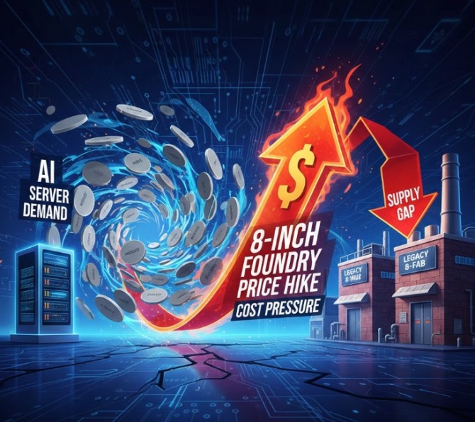 인공지능(AI) 서버 시장의 폭발적 성장이 고성능 칩을 넘어 이를 뒷받침하는 전력관리반도체(PMIC) 수급까지 집어삼키면서, 한때 구형으로 치부되던 8인치 파운드리(반도체 위탁생산) 가격이 들썩이고 있다. 이미지=제미나이3