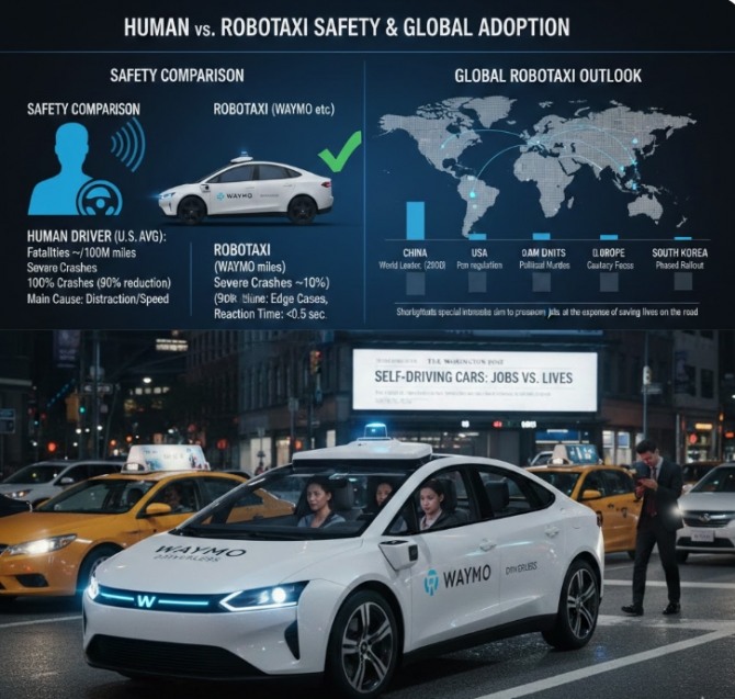 자율주행 기술이 인간 운전자 한계를 넘어서며 ‘생명 구조’의 핵심 대안으로 떠오르고 있지만, 미국 정치권은 일자리 보호를 명분으로 기술 진보를 가로막는 역설적 행보를 보이고 있다. 이미지=제미나이3