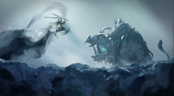 '윈드리스' 개발자 인터뷰 영상 중 공개된 보스 몬스터와의 전투 장면 컷씬 예시 이미지. 사진=크래프톤