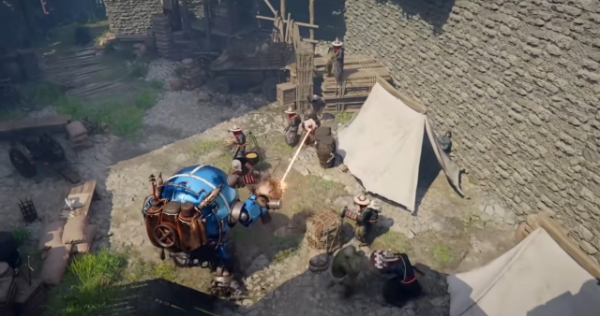 프리뷰 영상 2부 '전투와 성장' 중 로봇 탈것에 탑승해 적들과 교전하는 장면을 캡처한 것. 사진=펄어비스