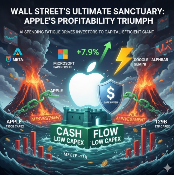 천문학적인 자본을 투입하며 AI 패권 다툼을 벌이는 ‘매그니피센트 7(M7)’ 사이에서 애플이 유일한 ‘피난처’로 부상하고 있다. 이미지=제미나이3