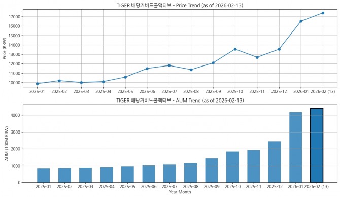 TIGER 배당커버드콜액티브 주가 및 순자산총액 추이. 그래프=장기영 기자