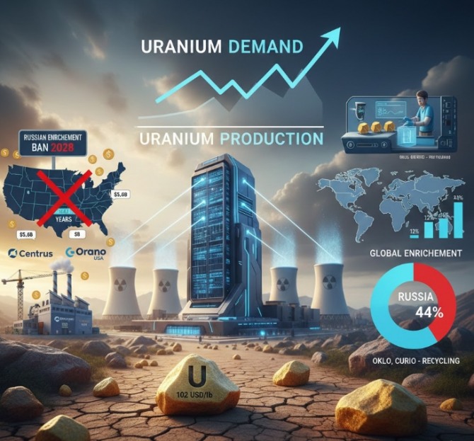 인공지능(AI) 혁명과 데이터센터 증설로 전 세계 전력 수요가 폭증하면서 원자력 발전의 핵심 연료인 우라늄 시장에 비상이 걸렸다. 이미지=제미나이3
