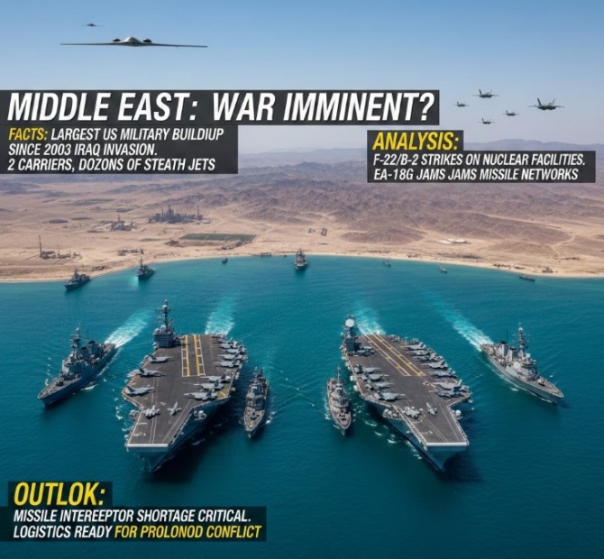 미국이 2003년 이라크 침공 이후 항공모함 2척, 구축함 9척, 스텔스 전투기 수십 대로 가장 큰 규모의 군사 전력을 중동에 집결시키고 있다. 이미지=제미나이3