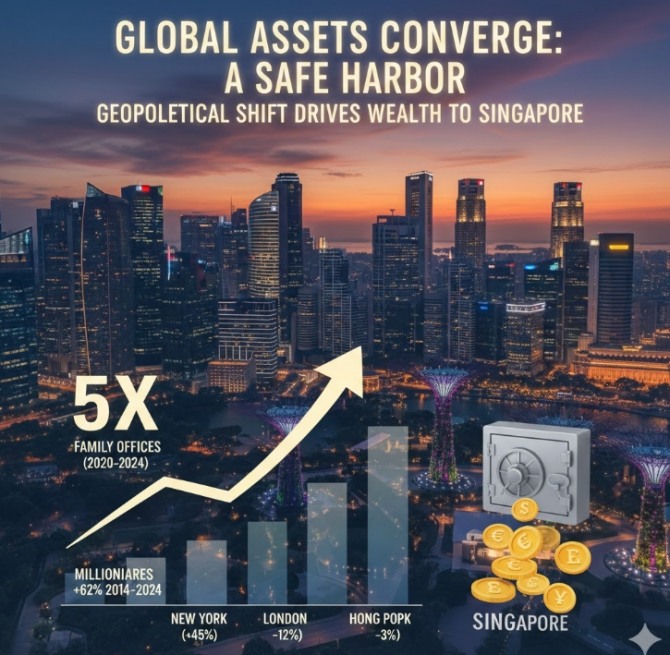 지정학 리스크가 전 세계 자산가들의 피난처를 바꾸고 있다. 그 종착지로 주목받는 곳이 싱가포르다. 이미지=제미나이3
