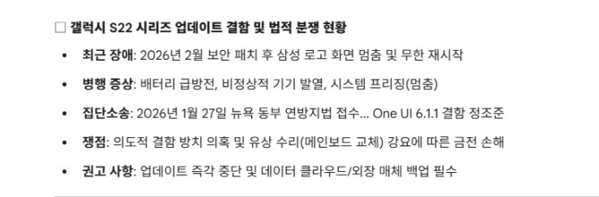 갤럭시 S22 시리즈 업데이트 결함 및 법적 분쟁 현황. 도표=글로벌이코노믹