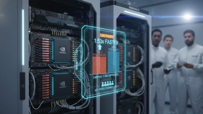 엔비디아의 차세대 라인업인 '블랙웰 울트라(Blackwell Ultra) GB300 NVL72'는 장기 컨텍스트(Long-context) 추론 작업에서 기존 GB200 대비 최대 1.53배의 성능 향상을 기록했다. 이미지=제미나이3