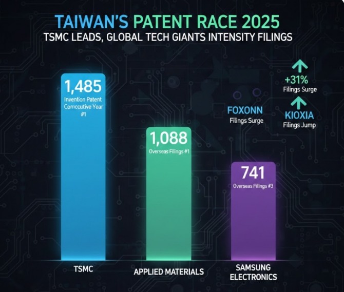 TSMC가 2025년 한 해 동안 대만 내 발명 특허 1485건을 출원했다. 전년 대비 5% 늘어난 수치로, 2016년부터 한 해도 빠짐없이 1위 자리를 지켜온 셈이다. 승인 건수 역시 1543건으로 전체 기업 가운데 압도적 1위를 기록했다. 이미지=제미나이3