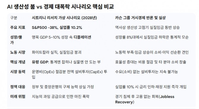 AI 생산성 붐 vs 경제 대폭락 시나리오 핵심 비교. 도표=글로벌이코노믹/출처=미 노동통계국(BLS) 역사적 생산성-임금 상관관계 데이터 및 S&P500 수익률 분해 통계 참조