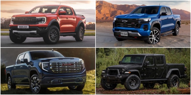 수입 픽업, (좌측상단부터 시계방향) 포드 레인저 랩터, 쉐보레 콜로라도, 지프 글래디에이터, GMC 시에라 드날리 사진=각사
