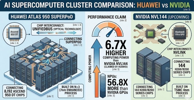 중국 화웨이가 미국의 전방위 제재망을 돌파하고 자사 AI 칩 8,192개를 광학 기술로 연결한 슈퍼컴퓨터를 해외 무대에서 처음 공개했다. 이미지=제미나이3